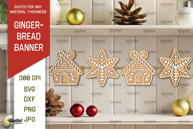 Gingerbread Banner Laser Cut Design. Christmas Banner SVG SVG Evgenyia Guschina 