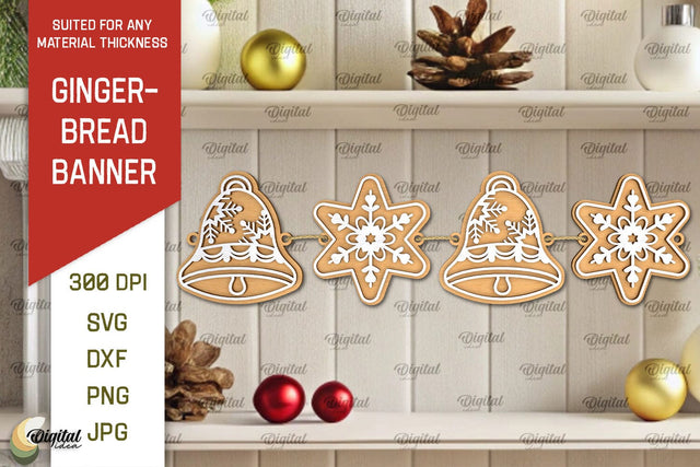 Gingerbread Banner Laser Cut Design. Christmas Banner SVG SVG Evgenyia Guschina 