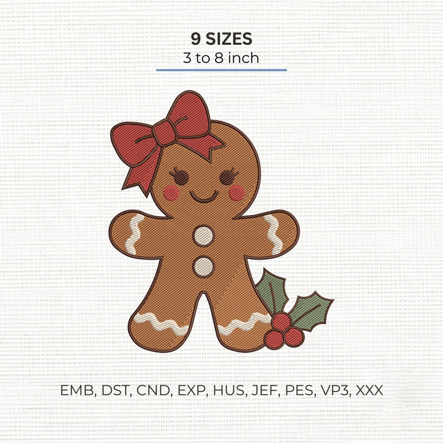 Gingerbread Girl Christmas Embroidery Design – Holly Berry Bow Gingerbread Cookie Machine Embroidery File Embroidery/Applique DESIGNS PatternFeed8 