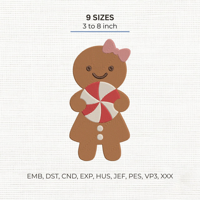 Gingerbread Girl Peppermint Embroidery Design – Cute Christmas Candy Gingerbread Machine Embroidery File Embroidery/Applique DESIGNS PatternFeed8 