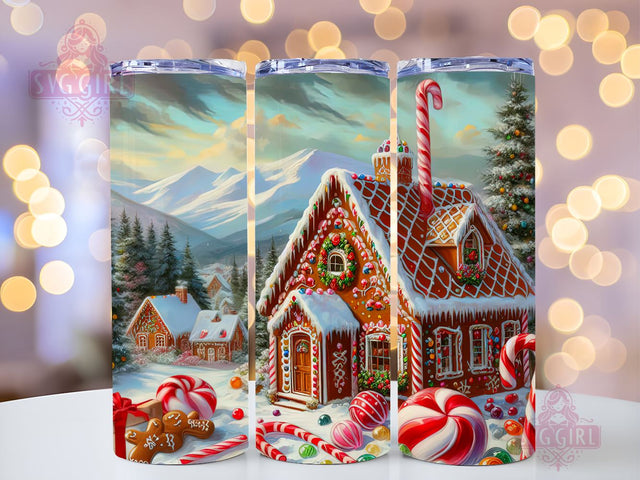 Gingerbread House Tumbler Wrap PNG, Painting Of A Gingerbread House With Candy Canes 20 oz Skinny Tumbler Sublimation, Straight & Tapered Tumbler Wrap, Instant Digital Download Sublimation SvggirlplusArt 