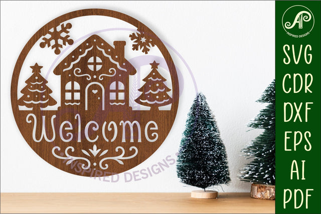 Gingerbread house welcome Christmas wall sign svg laser cut SVG APInspireddesigns 