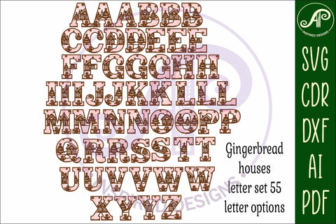 Gingerbread houses alphabet set. 2 layer letters. 55 letter SVG APInspireddesigns 