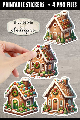 Gingerbread Houses Printable Stickers | 4 PNG Stickers Sublimation Ewe-N-Me Designs 