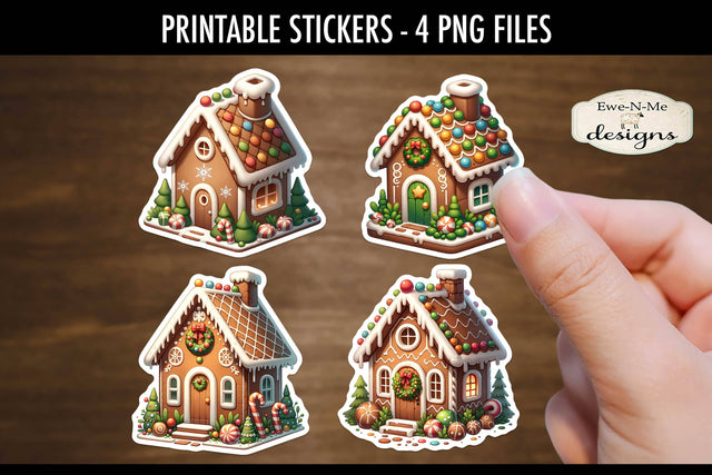 Gingerbread Houses Printable Stickers | 4 PNG Stickers Sublimation Ewe-N-Me Designs 