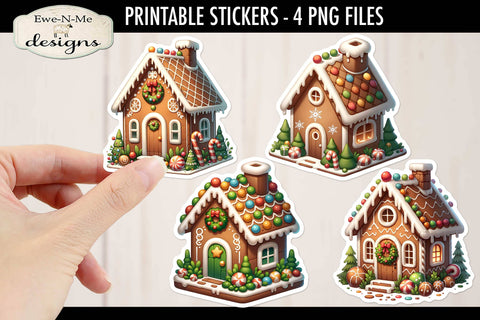 Gingerbread Houses Printable Stickers | 4 PNG Stickers Sublimation Ewe-N-Me Designs 