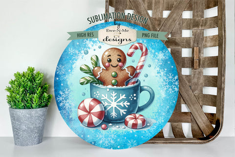 Gingerbread in Blue Cup - Wind Spinner Round Sublimation Design Sublimation Ewe-N-Me Designs 