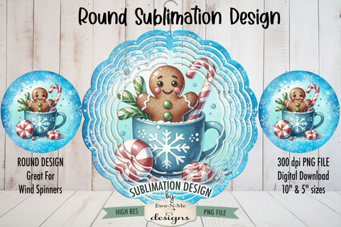 Gingerbread in Blue Cup - Wind Spinner Round Sublimation Design Sublimation Ewe-N-Me Designs 