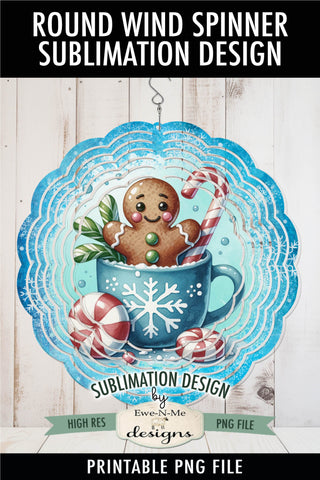 Gingerbread in Blue Cup - Wind Spinner Round Sublimation Design Sublimation Ewe-N-Me Designs 