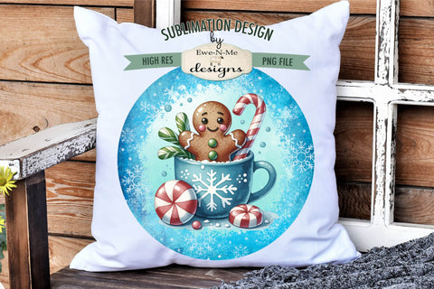 Gingerbread in Blue Cup - Wind Spinner Round Sublimation Design Sublimation Ewe-N-Me Designs 