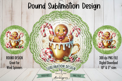 Gingerbread in Gold Cup Green Glitter - Wind Spinner Round Sublimation Design Sublimation Ewe-N-Me Designs 