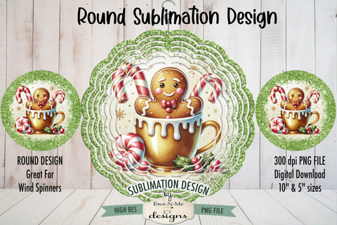 Gingerbread in Gold Cup Green Glitter - Wind Spinner Round Sublimation Design Sublimation Ewe-N-Me Designs 