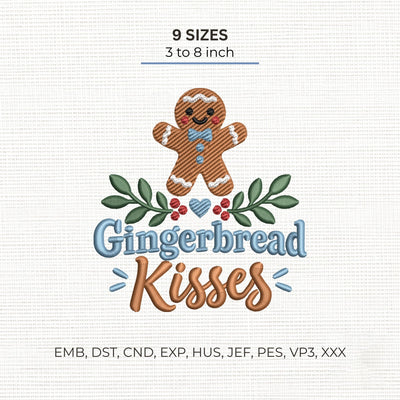 Gingerbread Kisses Embroidery Design – Cute Gingerbread Man Christmas Machine Embroidery File Embroidery/Applique DESIGNS PatternFeed8 