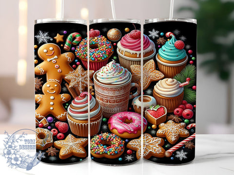 Gingerbread Man and Donuts 20oz Skinny Tumbler PNG, Cute Christmas Tumbler Sublimation Wrap, Straight & Tapered Tumbler Wrap, Instant Digital Download Sublimation ToriDesigns 