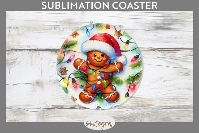Gingerbread Man Entangled in Lights Round Coaster Sublimation Sublimation Sintegra 