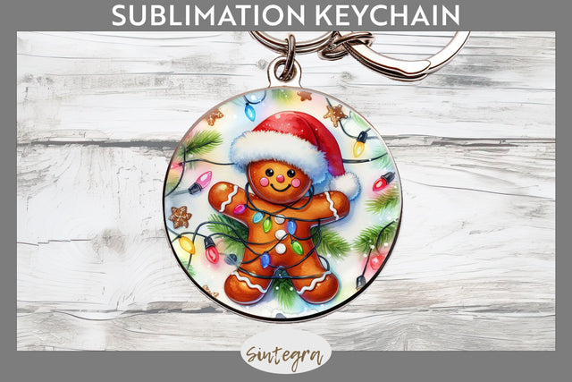 Gingerbread Man Entangled in Lights Round Keychain Sublimation Sublimation Sintegra 
