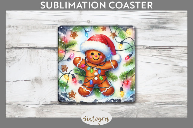 Gingerbread Man Entangled in Lights Square Coaster Sublimation Sublimation Sintegra 