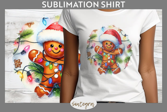 Gingerbread Man Entangled in Lights T-shirt Sublimation Sublimation Sintegra 