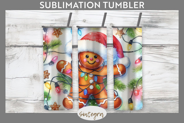 Gingerbread Man Entangled in Lights Tumbler Sublimation 20 oz Skinny Sublimation Sintegra 