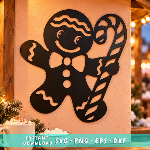 Gingerbread Man Laser SVG | Christmas Candy Cane DXF | Cute Holiday Cookie Metal Wall Art | Christmas Plasma CNC Cutting File SVG HappyDesignStudio 