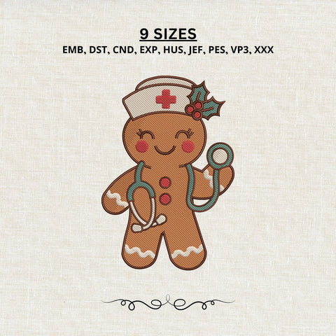 Gingerbread Nurse Embroidery Design – Christmas Nurse Stethoscope Medical Machine Embroidery File Embroidery/Applique DESIGNS PatternFeed8 