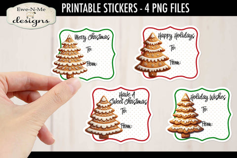 Gingerbread Tree Cookies Printable Gift Tag Stickers | 4 PNG Files Sublimation Ewe-N-Me Designs 