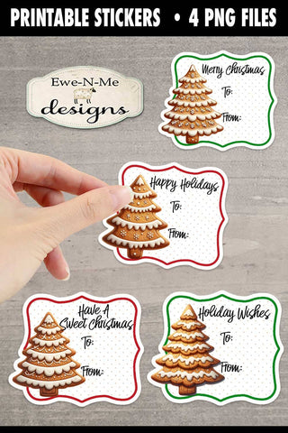 Gingerbread Tree Cookies Printable Gift Tag Stickers | 4 PNG Files Sublimation Ewe-N-Me Designs 