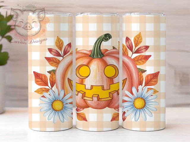 Gingham Pumpkin Floral Fall Tumbler Wrap, Fall Floral Tumbler, 20oz Skinny Tumbler, Sublimation Download, Farmhouse Tumbler, Autumn Tumbler Wrap, Cute Pumpkin Tumbler Sublimation Lara' s Designs 