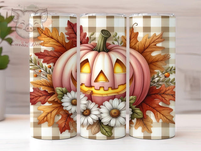 Gingham Pumpkin Floral Fall Tumbler Wrap, Fall Floral Tumbler, 20oz Skinny Tumbler, Sublimation Download, Farmhouse Tumbler, Autumn Tumbler Wrap, Cute Pumpkin Tumbler Sublimation Lara' s Designs 