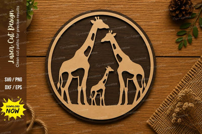 Giraffe Family Circle SVG | Safari Animal Laser Cut File | Glowforge CNC DXF PNG EPS SVG Regulrcrative 