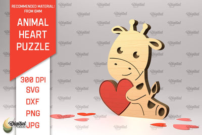 Giraffe Wooden Puzzle Laser Cut. Animal Heart Puzzle SVG SVG Evgenyia Guschina 