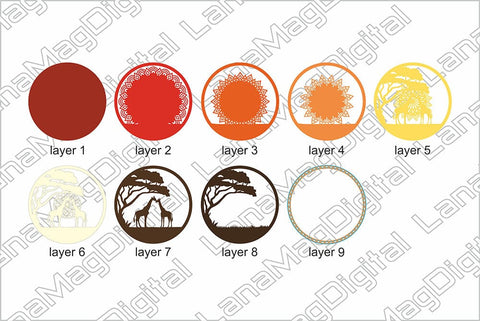 Giraffes in love mandala svg Layered sunset in Savannah svg, Layered Africa sunset, Layered papercraft, Giraffe shadow box svg 3D Paper LanaMagDigital 