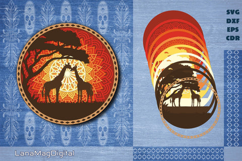 Giraffes in love mandala svg Layered sunset in Savannah svg, Layered Africa sunset, Layered papercraft, Giraffe shadow box svg 3D Paper LanaMagDigital 