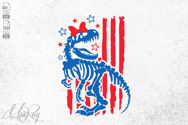 Girl 4th of July SVG PNG Patriotic Girl Dinosaur with Bow and USA Flag United States Kid 4th of July Independence Day Svg SVG DesignDestine 