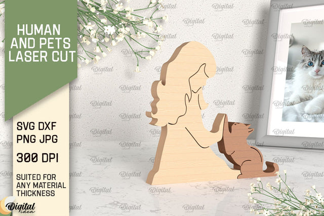 Girl And Cat Laser Cut. Wooden Figurine SVG SVG Evgenyia Guschina 