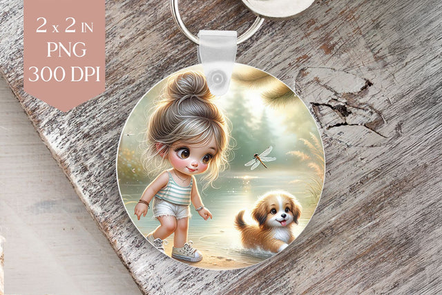 Girl and Dog at Lake Sublimation PNG for Keychains 2x2 Sublimation BijouBay 