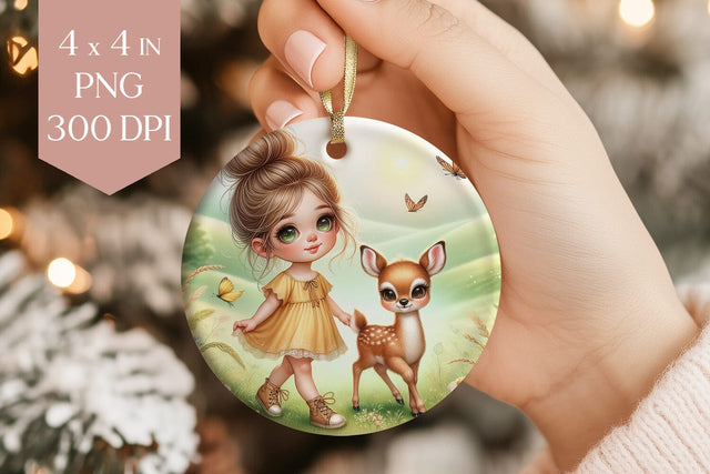 Girl and Fawn Ornament PNG Sublimation BijouBay 
