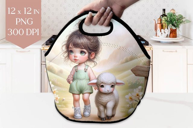 Girl and Lamb Lunch Bag PNG Sublimation BijouBay 