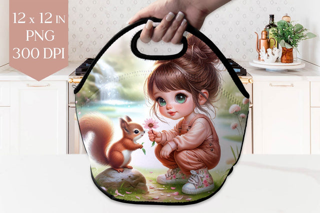 Girl and Squirrel Lunch Bag Sublimation PNG Sublimation BijouBay 