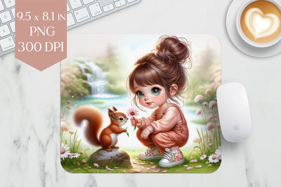 Girl and Squirrel Mouse Pad PNG Sublimation BijouBay 