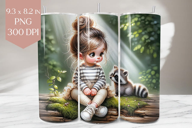 Girl & Baby Raccoon Forest Tumbler Wrap Sublimation BijouBay 