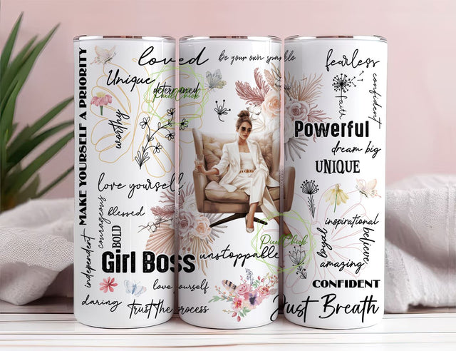 Girl Boss Tumbler Strong Women Positive Quote Boho Tumbler Design 20oz Skinny Tumbler Sublimation Design Straight Tapered Design PNG Tumbler Sublimation PixelChick 