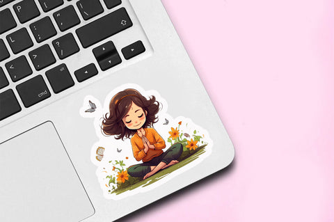 Girl doing yaga meditation with flower Sticker Design Sublimation Regulrcrative 