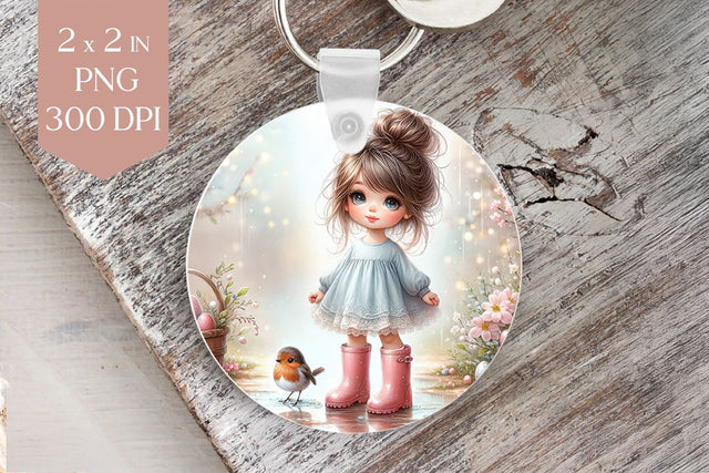 Girl in Blue Dress with Robin Keychain PNG Sublimation BijouBay 
