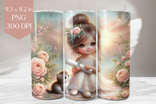 Girl & Kitten Floral Tumbler PNG Sublimation BijouBay 