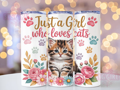 Girl Loves Cats Floral Art 20oz Tumbler, Tabby Kitten, Watercolor Flowers, Cute Cat Art, Floral Kitten, Skinny Tumbler, Sublimation PNG Sublimation SvggirlplusArt 