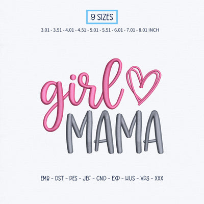 Girl Mama Embroidery Design – Pink Heart Girl Mom Typography Mother's Day Machine Embroidery File Embroidery/Applique DESIGNS PatternFeed8 
