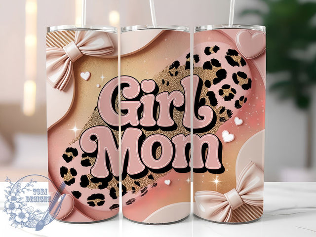 Girl Mom Bow Leopard 20oz Tumbler, Pink Bow, Leopard Print, 20oz Sublimation, PNG Design, Mom Life Mug, Motherhood Gift Sublimation ToriDesigns 