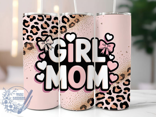 Girl Mom Bow Leopard 20oz Tumbler, Pink Bow, Leopard Print, 20oz Sublimation, PNG Design, Mom Life Mug, Motherhood Gift Sublimation ToriDesigns 