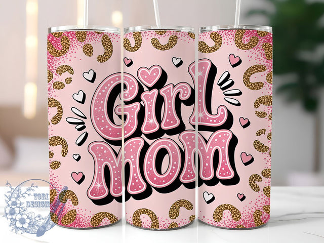 Girl Mom Bow Leopard 20oz Tumbler, Pink Bow, Leopard Print, 20oz Sublimation, PNG Design, Mom Life Mug, Motherhood Gift Sublimation ToriDesigns 